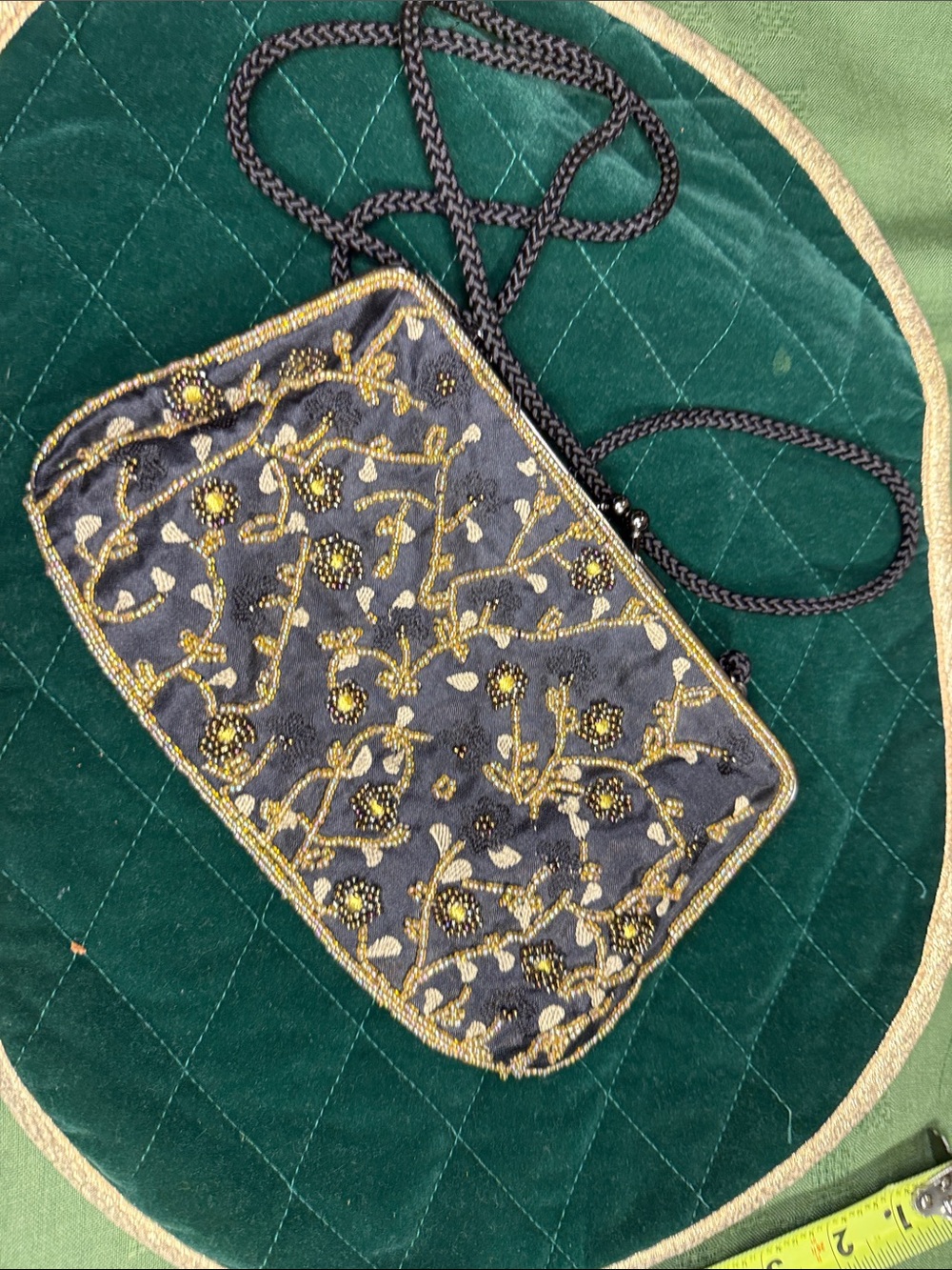 Gold-Beaded Floral Navy Crossbody Bag